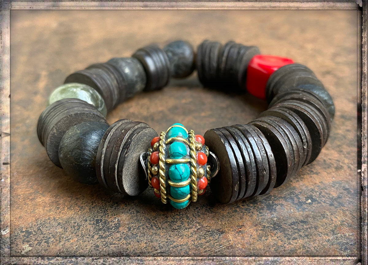 Ethno Boho Armband Kokosscheiben Braun Labradorit Bambuskoralle Rot Tibet-Perle Türkis 925 Silber Dehnbar Unikat