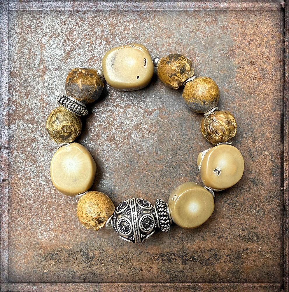 Ethno Boho Armband Bambuskoralle Samenperlen Dehnbar Unikat 925 Sterling Silber Schmuck Reichenberger