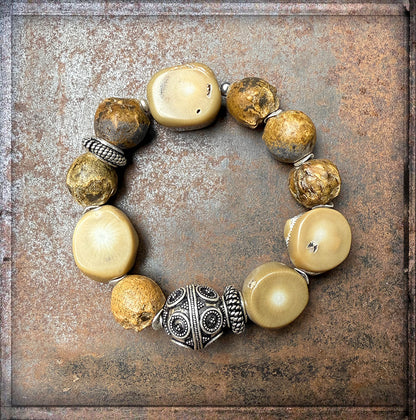Ethno Boho Armband Bambuskoralle Samenperlen Dehnbar Unikat 925 Sterling Silber Schmuck Reichenberger