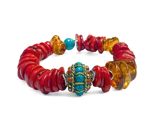 Korallen Armband Rot Ethno Boho Bernstein Türkis Tibetanische Perle 925 Silber Dehnbar Unikat