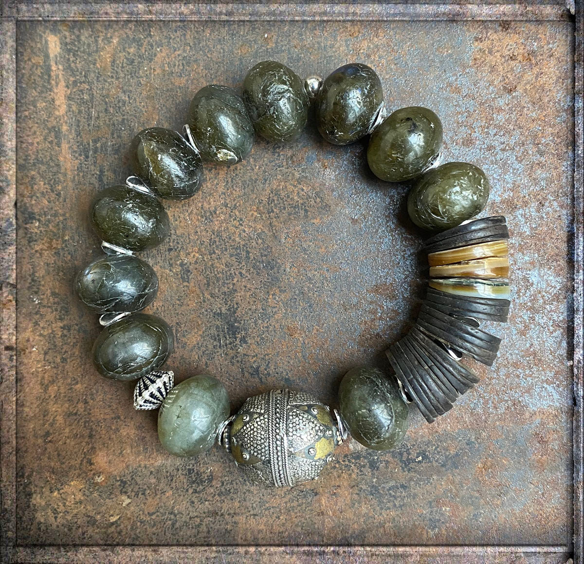 Armband Labradorit Boho Ethno Silberperle Antik 925 Silber Kokosholzplättchen Dehnbar Unikat