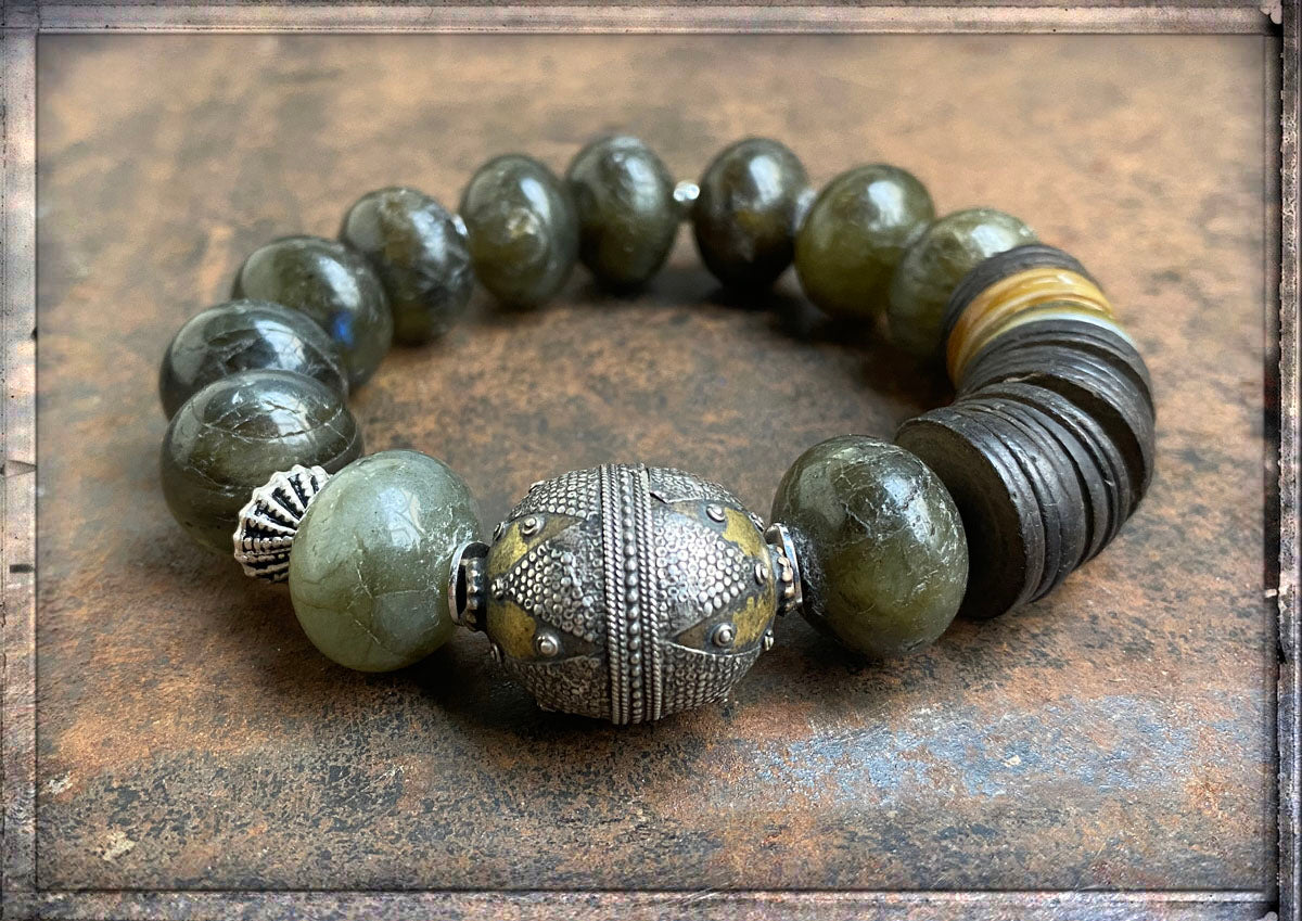Armband Labradorit Boho Ethno 925 Sterling Silberperle Antik Kokosholzplättchen Dehnbar Unikat