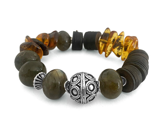 Armband Labradorit Bernstein Ethno Boho Kokosscheiben 925 Silber Dehnbar Unikat
