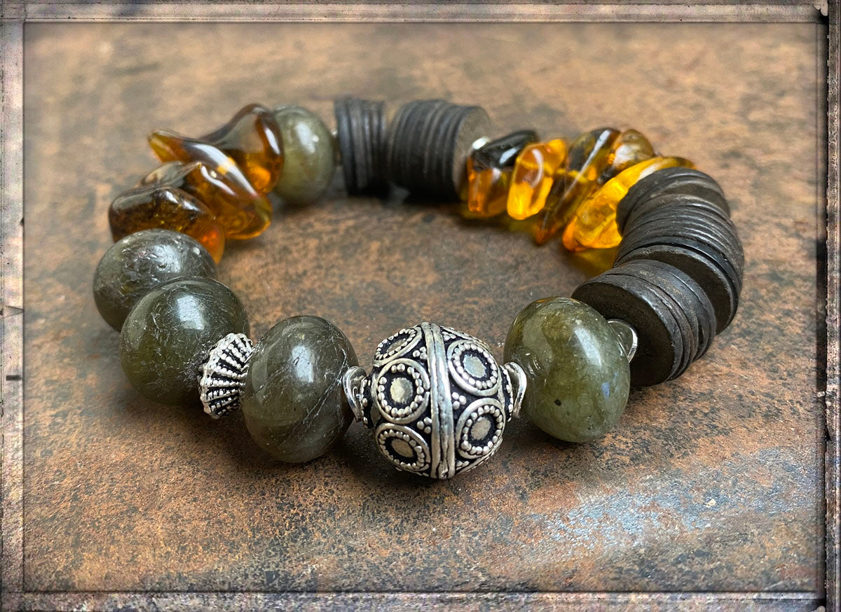 Armband Labradorit Bernstein Ethno Boho Kokosscheiben Sterling Silber Dehnbar Unikat