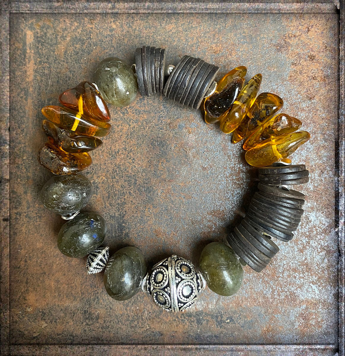 Armband Labradorit Bernstein Ethno Boho Kokosscheiben 925 Sterling Silber Dehnbar Unikat