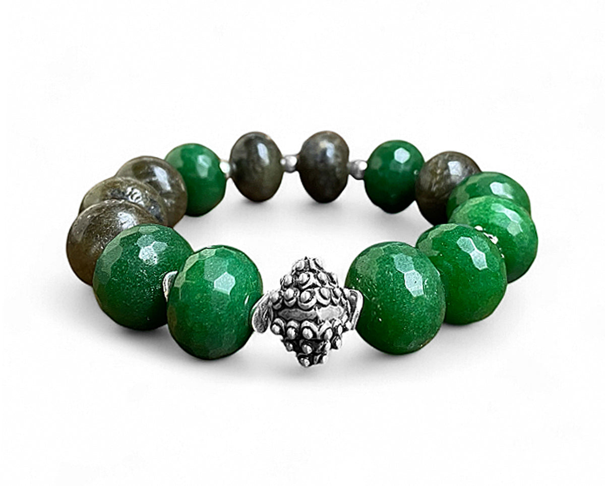 Armband Jade Labradorit Grün Ethno Boho Dehnbar 925 Silber Unikat 
