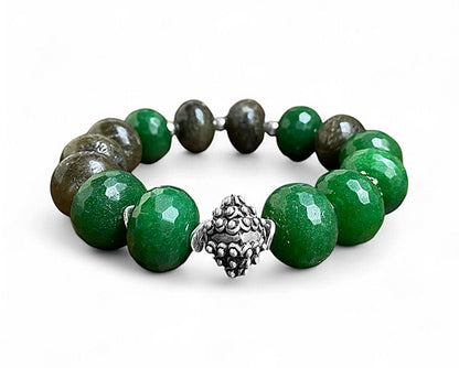 Armband Jade Labradorit Grün Ethno Boho Dehnbar 925 Silber Unikat 