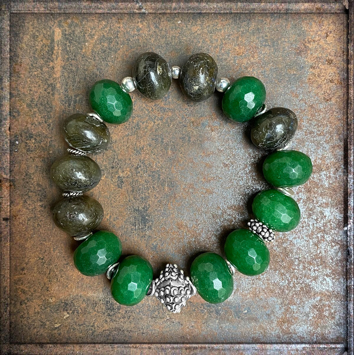 Armband Jade Labradorit Grün Ethno Boho Dehnbar 925 Silber Unikat Schmuck Reichenberger