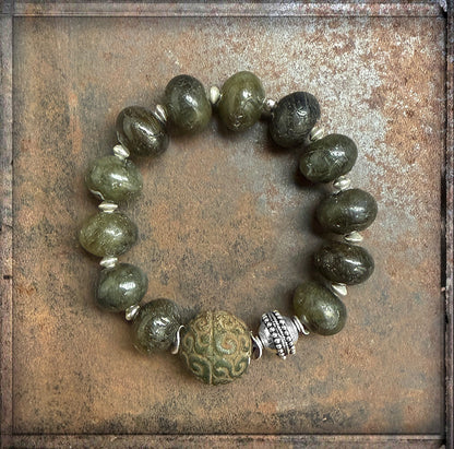Labradorit Armband Jadeperle Ethno Boho Sterling Silber Dehnbar Unikat Schmuck Reichenberger