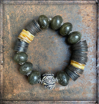 Armband Labradorit Ethno Boho Kokosscheiben Perlmuttscheiben Sterling Silber Dehnbar Unikat