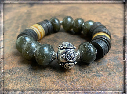 Armband Labradorit Ethno Boho Kokosscheiben Perlmuttscheiben 925 Silber Dehnbar Unikat