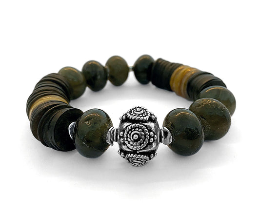 Armband Labradorit Ethno Boho Kokosscheiben Perlmuttscheiben 925 Sterling Silber Dehnbar Unikat