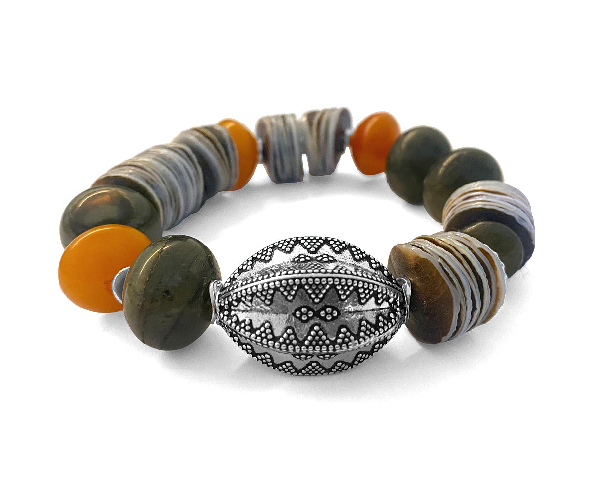 Ethno Boho Armband Labradorit Resinperlen Orange Muschelscheiben 925 Sterling Silber Dehnbar Unikat