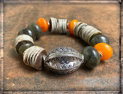 Ethno Boho Armband Labradorit Resinperlen Orange Muschelscheiben 925 Silber Dehnbar Unikat