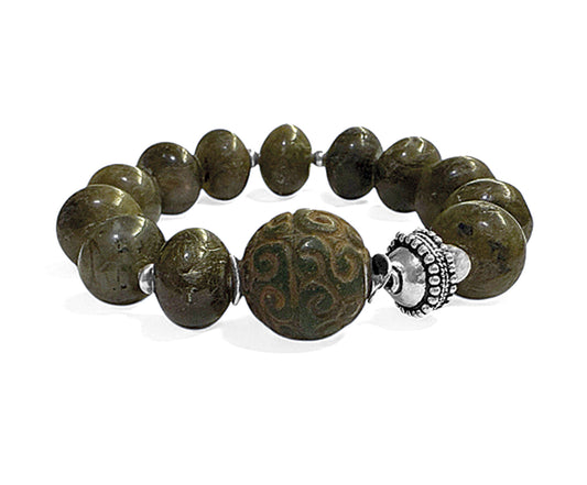 Labradorit Armband Jadeperle Ethno Boho Sterling Silber Dehnbar Unikat 