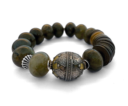 Armband Labradorit Boho Ethno Silberperle Antik 925 Sterling Silber Kokosholzplättchen Dehnbar Unikat