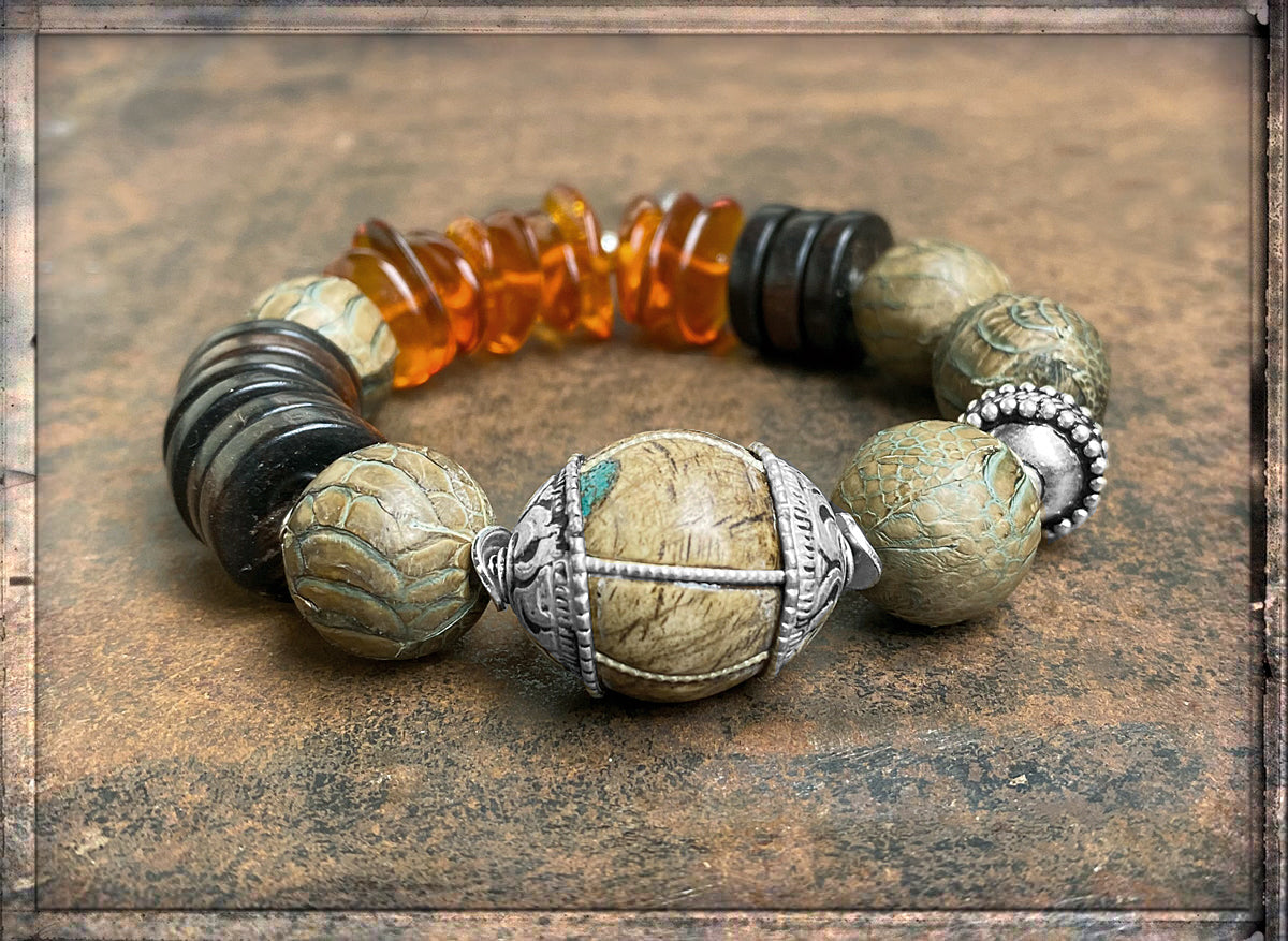 Ethno Boho Armband Bernstein Lederperlen Holzperlen Tribalperle Naturfarben 925 Silber Dehnbar Unikat