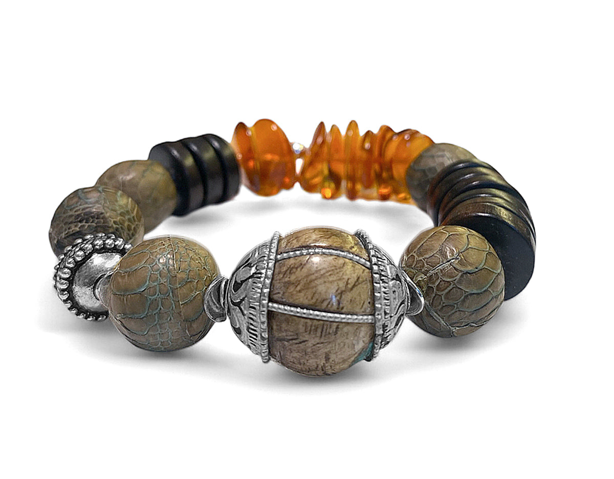 Ethno Boho Armband Bernstein Lederperlen Holzperlen Tribalperle 925 Sterling Silber Dehnbar Unikat