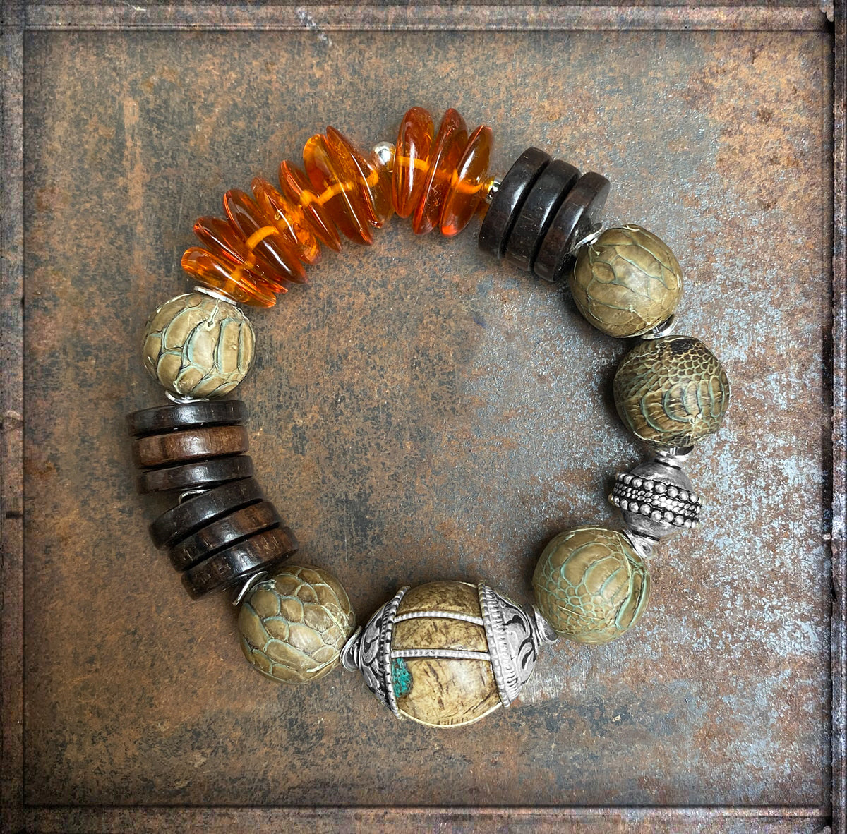 Ethno Boho Armband Bernstein Lederperlen Holzperlen Tribalperle 925 Silber Dehnbar Unikat