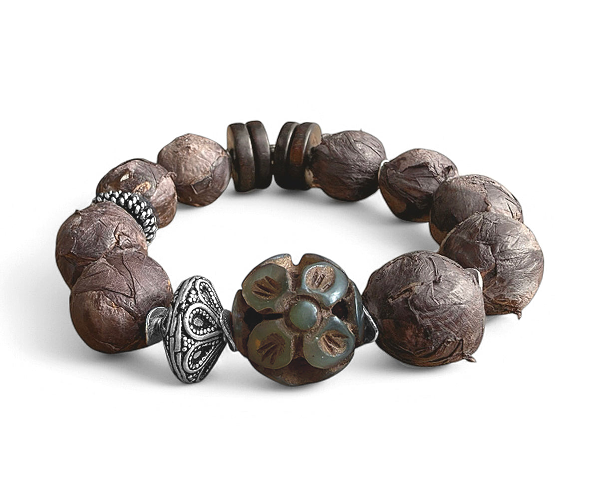 Armband Lederperlen Horn Ethno Boho Jadekugel Blume 925 Sterling Silber Dehnbar Unikat