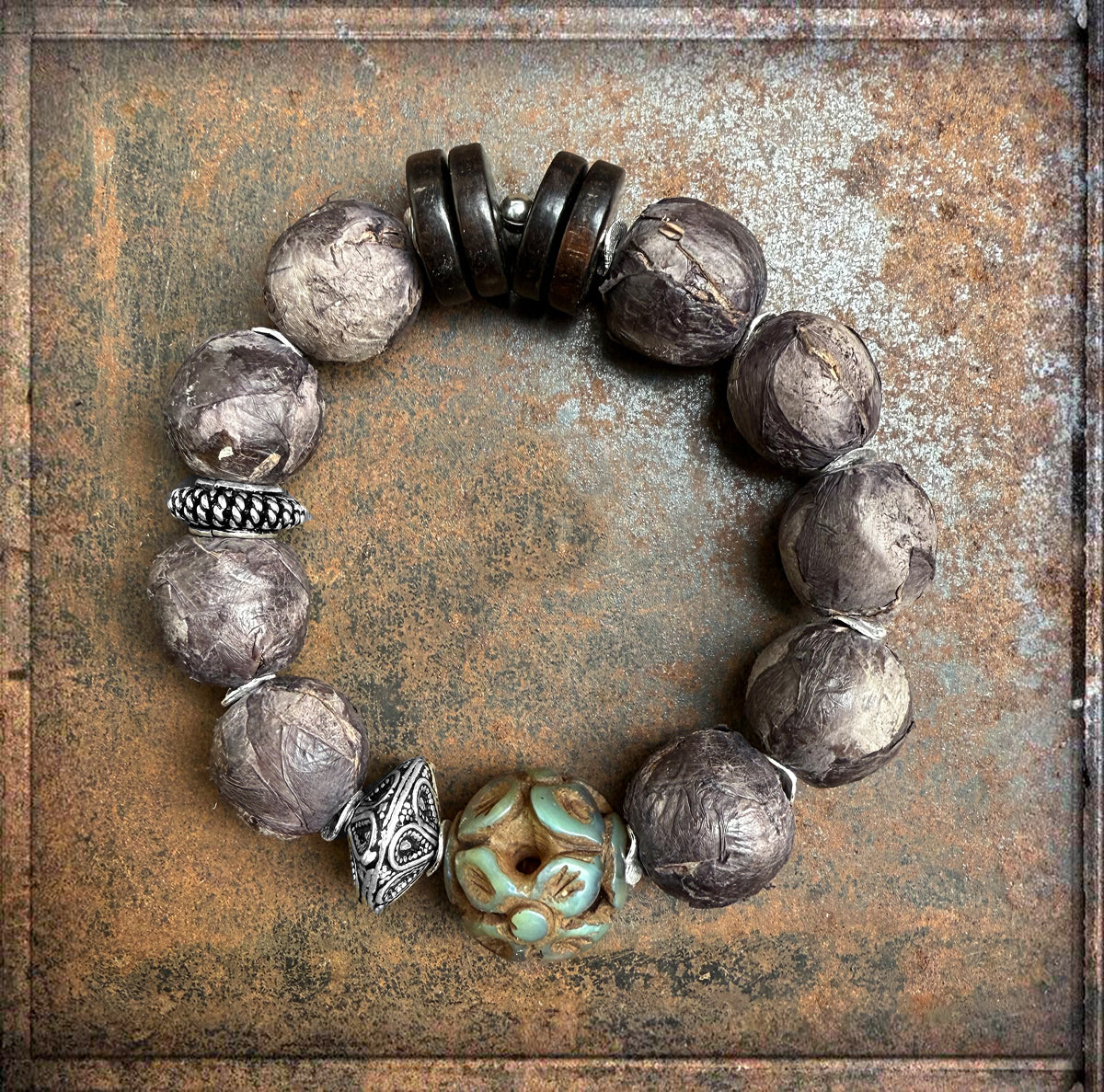 Armband Lederperlen Horn Ethno Boho Jadekugel Blume 925 Silber Dehnbar Unikat