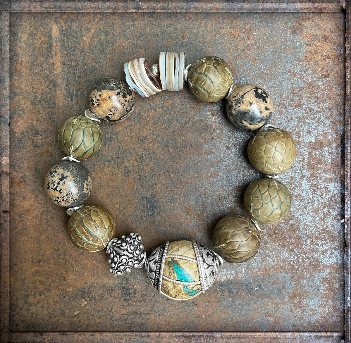 Ethno Boho Armband Lederperlen Jaspis Tribalperle Naturfarben 925 Sterling Silber Dehnbar Unikat