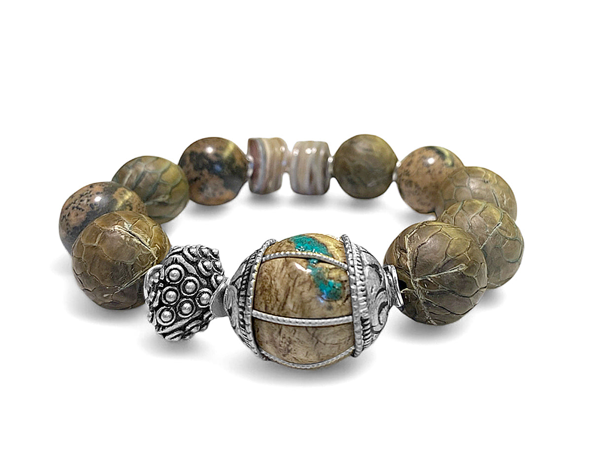 Ethno Boho Armband Lederperlen Jaspis Tribalperle 925 Sterling Silber Dehnbar Unikat