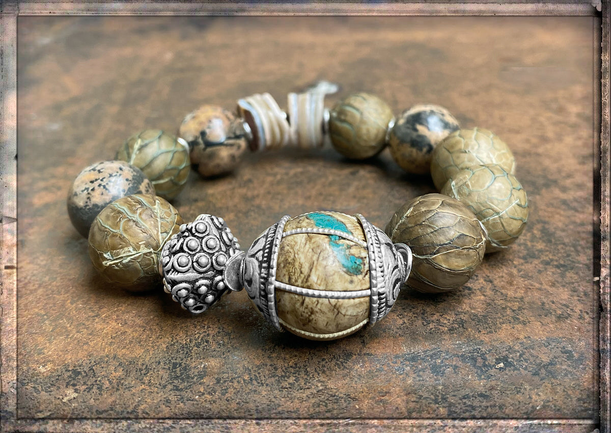 Ethno Boho Armband Lederperlen Jaspis Tribalperle 925 Silber Dehnbar Unikat