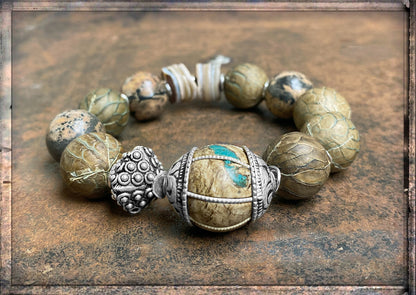 Ethno Boho Armband Lederperlen Jaspis Tribalperle 925 Silber Dehnbar Unikat