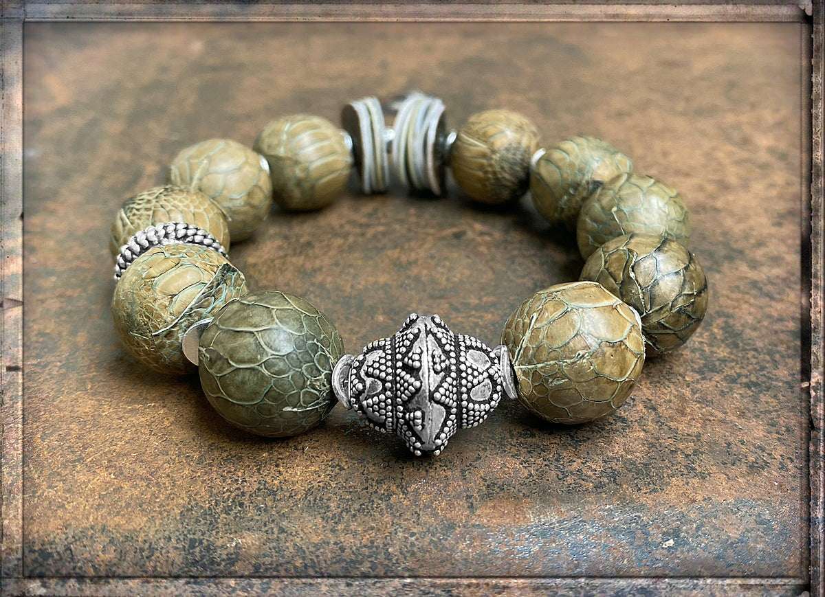 Ethno Boho Armband Lederperlen Naturfarben 925 Sterling Silber Dehnbar Unikat 