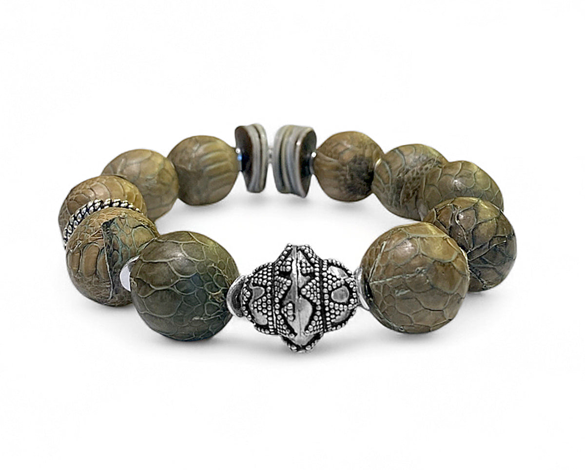 Ethno Boho Armband Lederperlen Naturfarben 925 Silber Dehnbar Unikat 