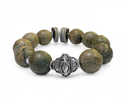 Ethno Boho Armband Lederperlen Naturfarben 925 Silber Dehnbar Unikat 