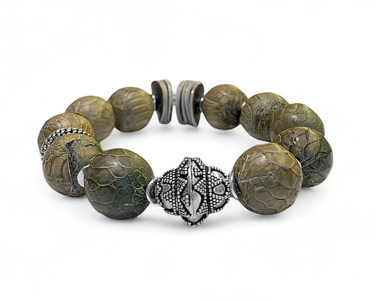 Ethno Boho Armband Lederperlen Naturfarben 925 Silber Dehnbar Unikat 
