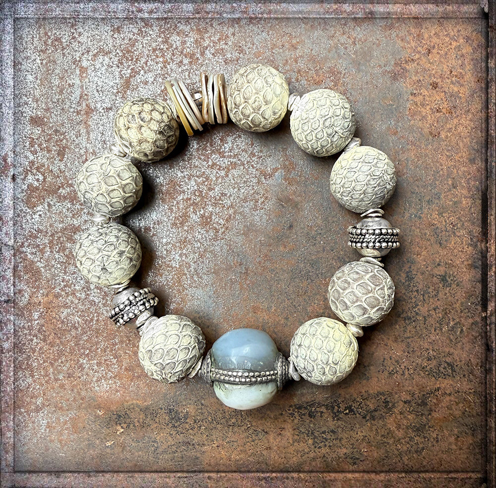 Ethno Boho Armband Lederperlen Naturfarben Hornperle Tibet Dehnbar Unikat 925 Sterling Silber Schmuck Reichenberger