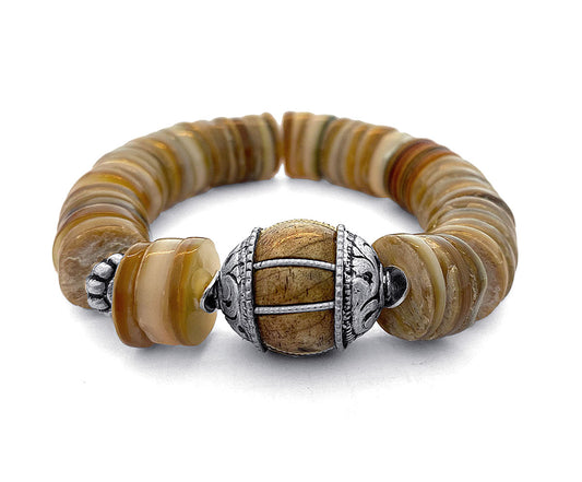 Ethno Boho Armband Muschelscheiben Naturfarben Bakelit Tribal Perle 925 Silber Dehnbar Unikat