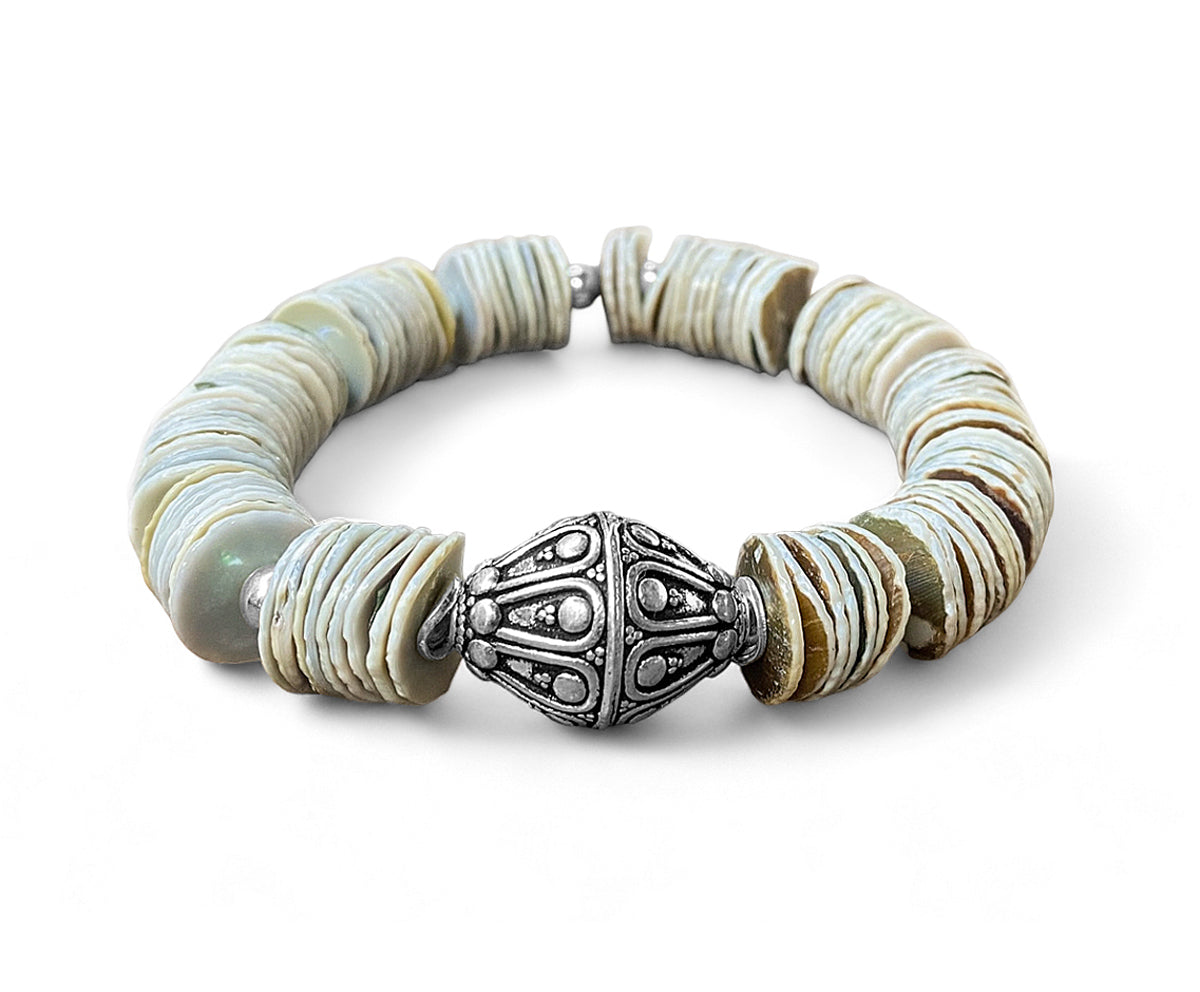 Armband Muschelscheiben Naturfarben Ethno Boho 925 Sterling Silber Dehnbar Unikat