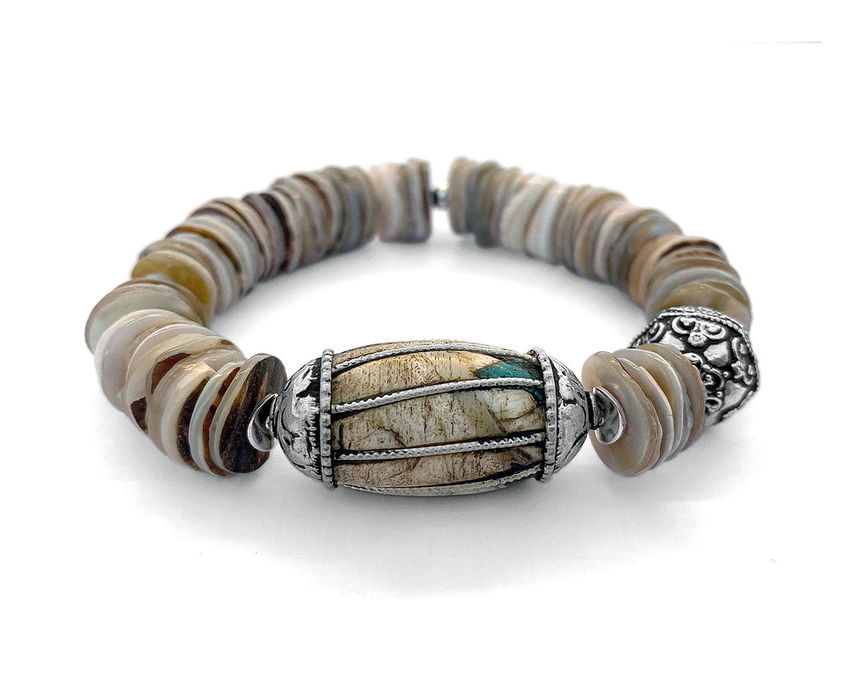 Armband Ethno Boho Muschelscheiben Naturfarben Tribalperle 925 Sterling Silber Dehnbar Unikat