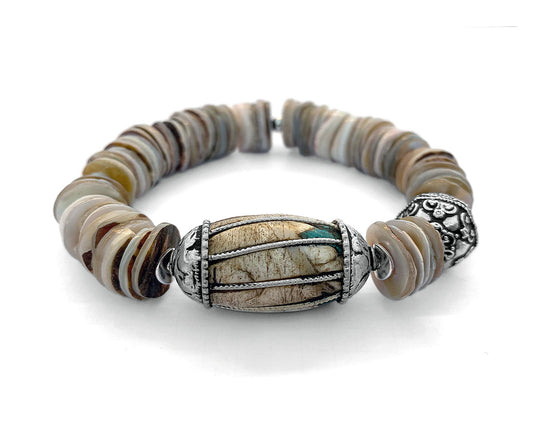 Armband Ethno Boho Muschelscheiben Naturfarben Tribalperle 925 Sterling Silber Dehnbar Unikat