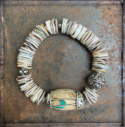 Armband Ethno Boho Muschelscheiben Naturfarben Tribalperle 925 Silber Dehnbar Unikat
