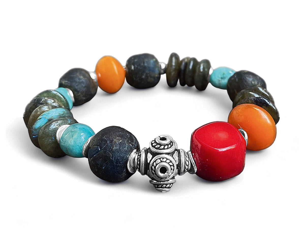 Ethno Boho Armband Multicolor Glasperlen Bambuskoralle Rot Resinperlen Orange Amazonit Türkis Sterling Silber Dehnbar Unikat