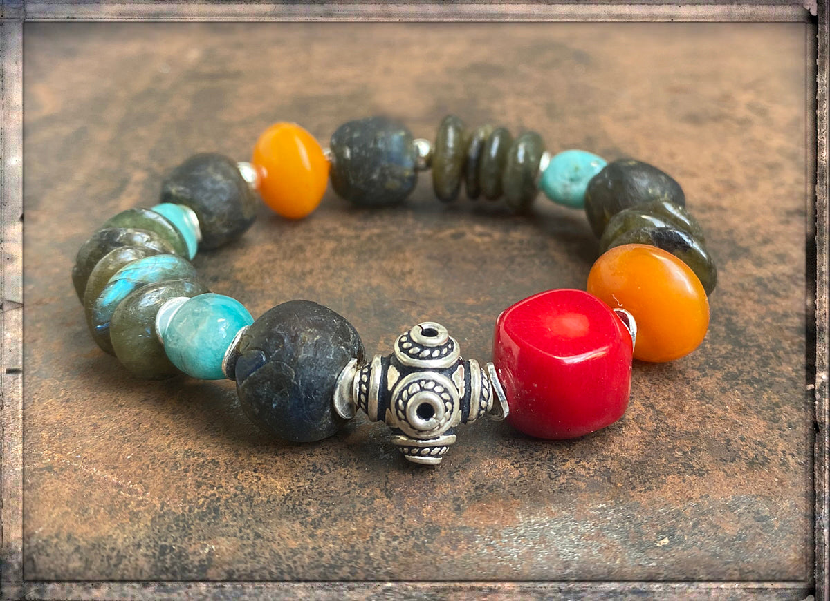 Ethno Boho Armband Multicolor Labradorit Bambuskoralle Rot Resinperlen Orange Amazonit Türkis Silber Dehnbar Unikat