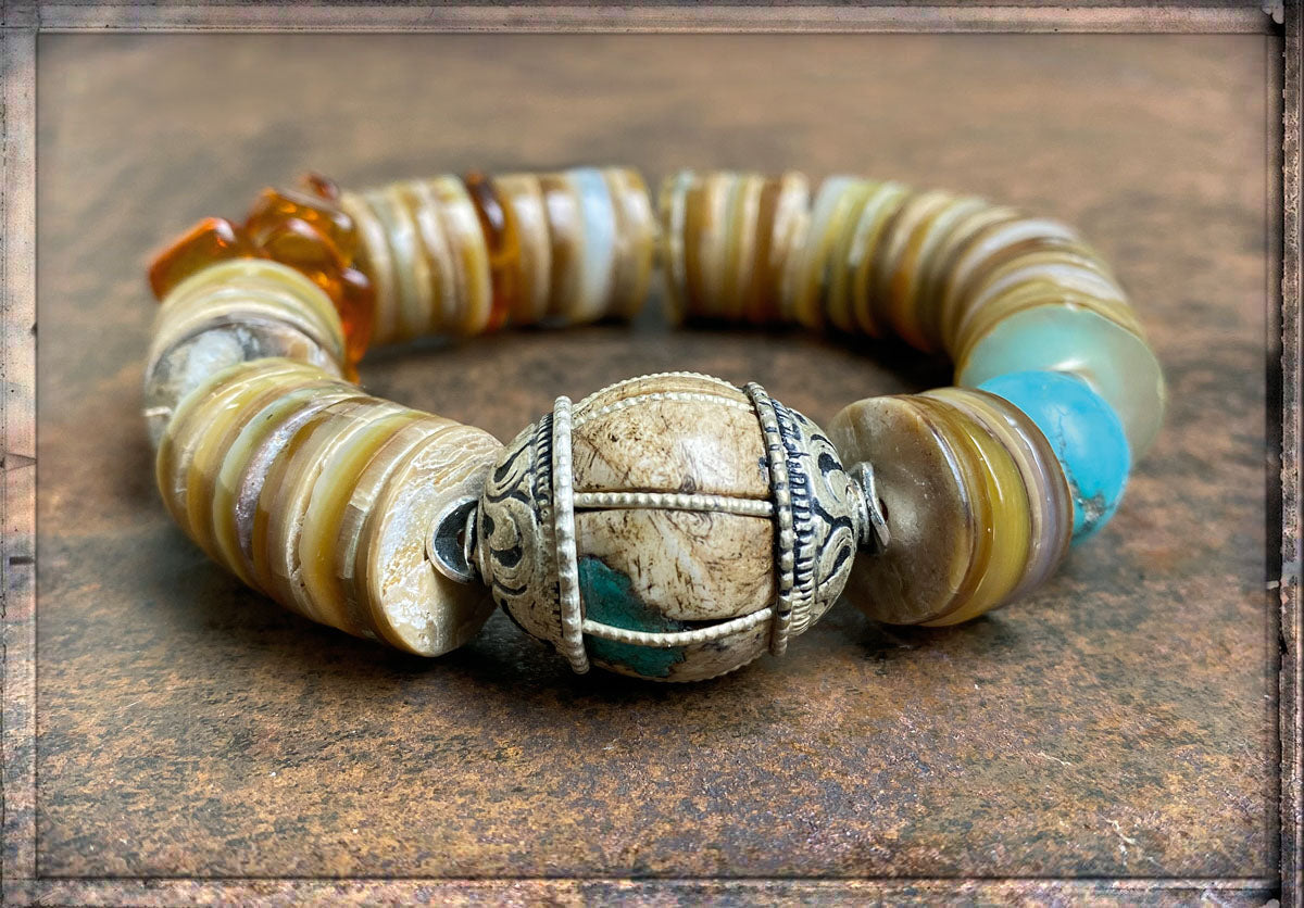 Ethno Boho Armband Perlmuttscheiben Bernstein Türkis Sterling Silber Dehnbar Unikat