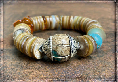 Ethno Boho Armband Perlmuttscheiben Bernstein Türkis Sterling Silber Dehnbar Unikat
