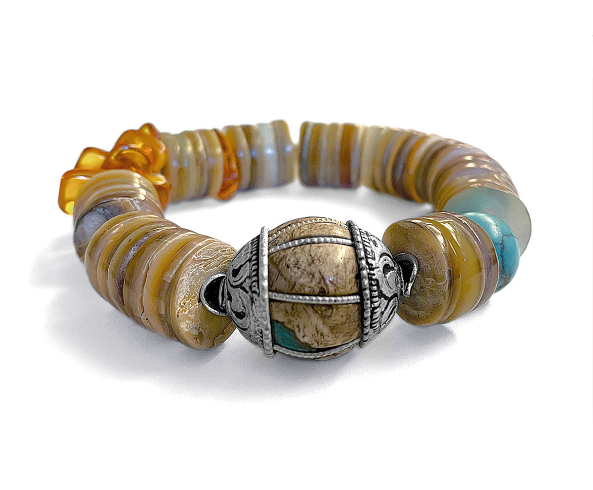 Ethno Boho Armband Perlmuttscheiben Bernstein Türkis 925 Silber Dehnbar Unikat
