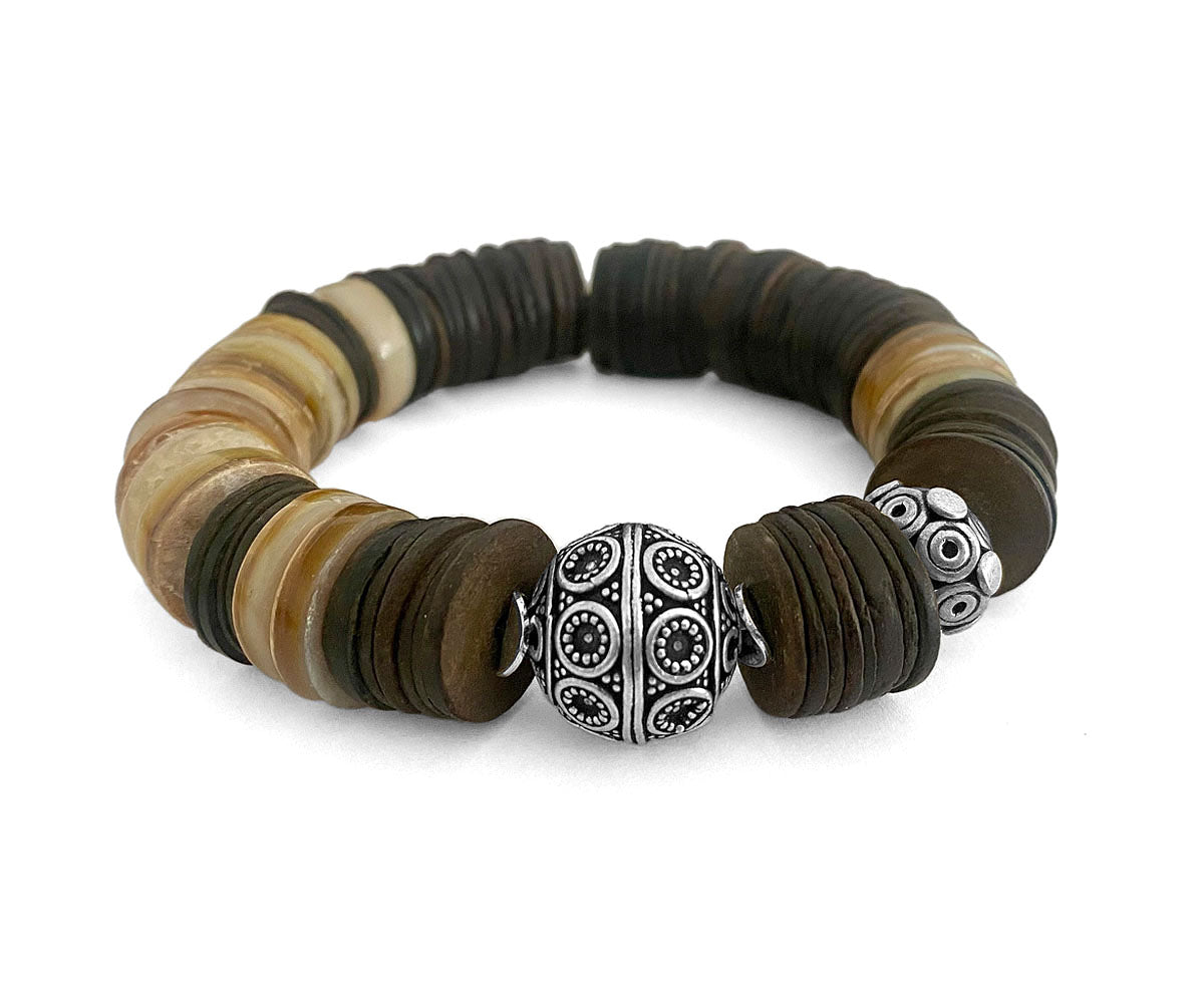 Ethno Boho Armband Perlmuttscheiben Kokosscheiben 925 Silber Dehnbar Unikat