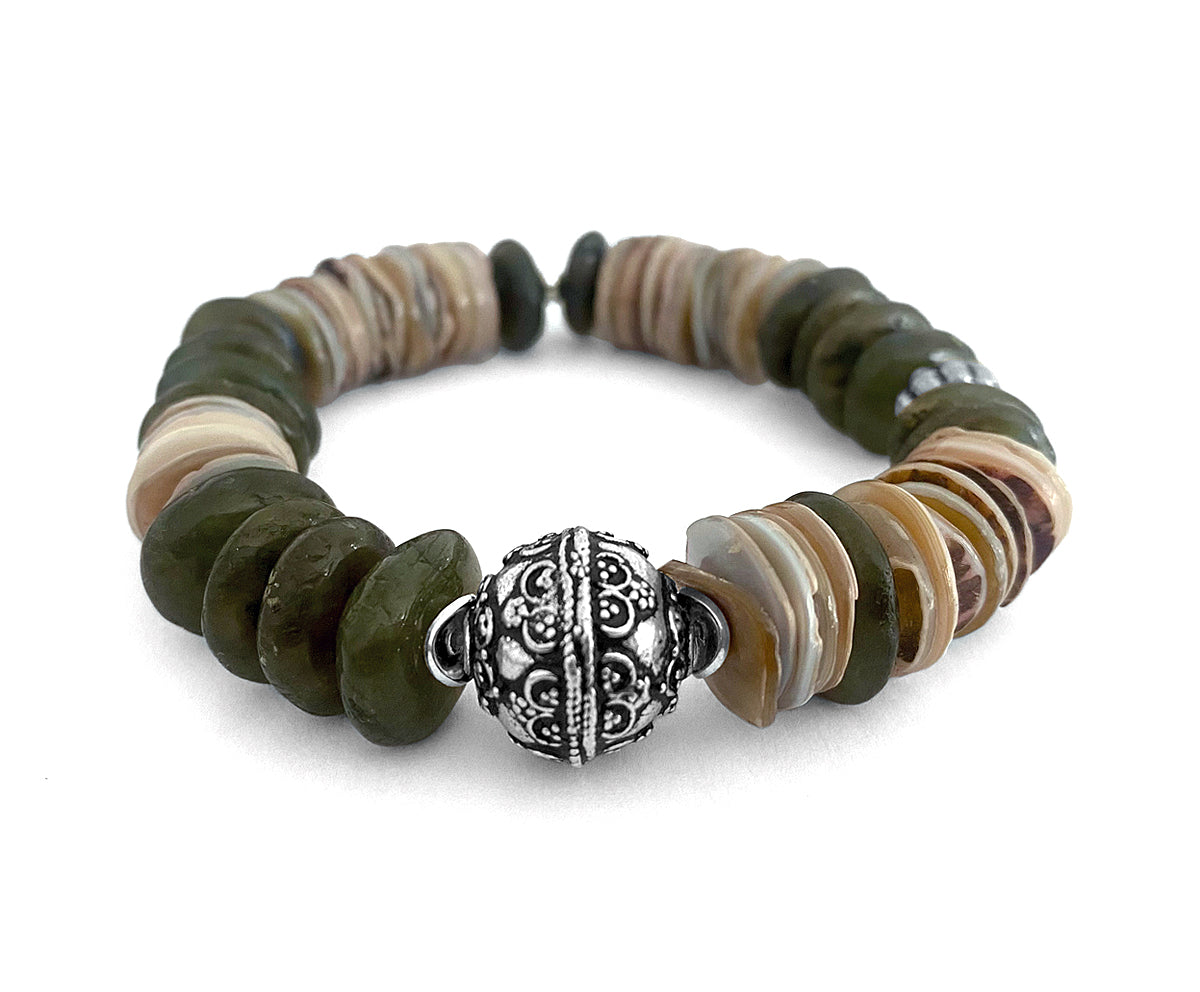 Ethno Boho Armband Perlmuttscheiben Labradorit 925 Sterling Silber Dehnbar Unikat