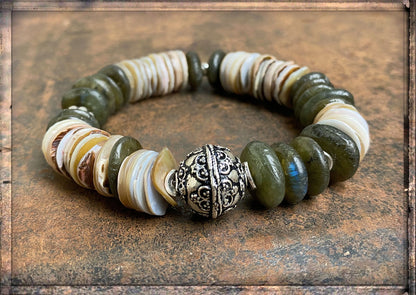 Ethno Boho Armband Perlmuttscheiben Labradorit 925 Silber Dehnbar Unikat