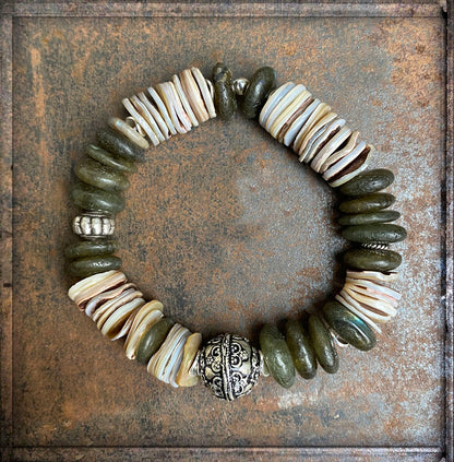 Ethno Boho Armband Perlmuttscheiben Labradorit Sterling Silber Dehnbar Unikat