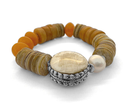 Armband Ethno Boho Perlmuttscheiben Naturfarben Orange Resinperlen Conch Muschelperle Markant 925 Sterling Silber Dehnbar Unikat