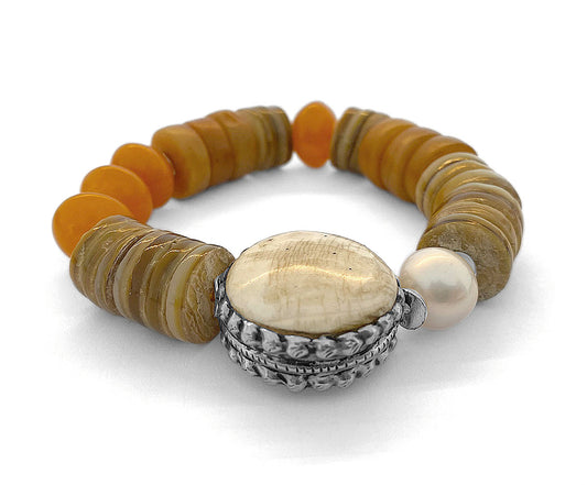 Armband Ethno Boho Perlmuttscheiben Naturfarben Orange Resinperlen Conch Muschelperle Markant 925 Sterling Silber Dehnbar Unikat
